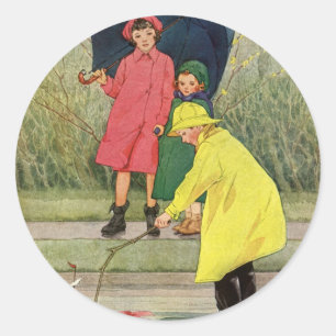 Kinder spielen vintage-mäßig in Pfützen "Ein regne Runder Aufkleber