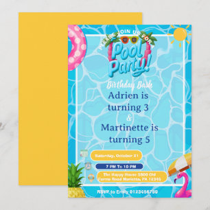 Kinder-Splash-Pool-Party Doppel-Geburtstag Einladung