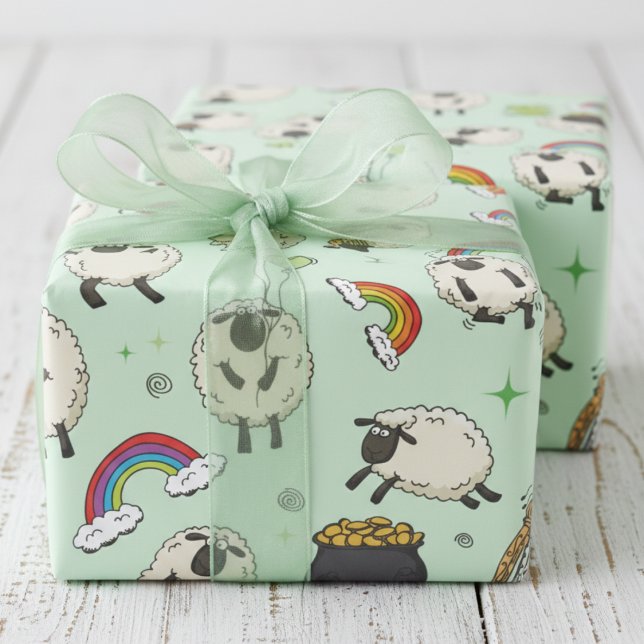 Kinder St. Patrick’s Day Schafe & Kleeblätter Geschenkpapier (Kids Green St Patrick's Day Wrapping Paper. Cute Irish Sheep, Shamrocks, Rainbow, Four Leaf Clovers)