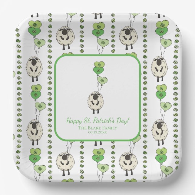 Kinder St. Patrick's Day Schafe & Shamrocks Muster Pappteller (Vorderseite)