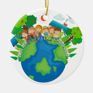 Kinder stehend um die Welt Keramikornament