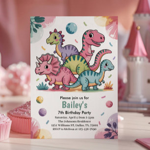 Kinder Süßer Rosa Dinosaurier 7. Geburtstagsfeier Einladung