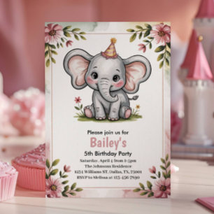 Kinder Süßer Rosa Elefant 5. Geburtstagsfeier Einladung