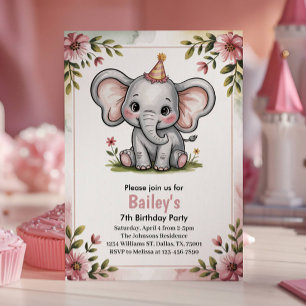Kinder Süßer Rosa Elefant 7. Geburtstagsfeier Einladung