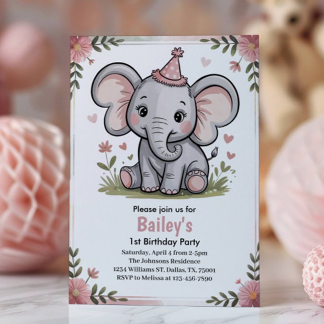 Kinder Süßer Rosa Elefant Geburtstagsfeier Einladung (Von Creator hochgeladen)