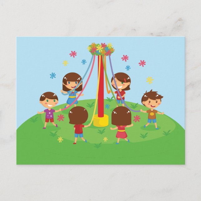 Kinder tanzen um Maypole Postkarte (Vorderseite)