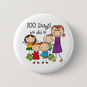 Kinder und weiblicher Lehrer 100 Tage Button