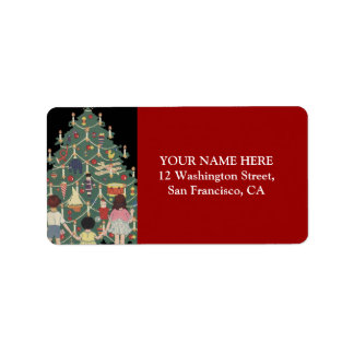 Kinder und Weihnachtsbaum - Vintage Abbildung Adressaufkleber