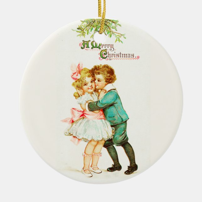Kinder unter Mistelzweig-Vintagem Weihnachten Keramik Ornament (Vorne)