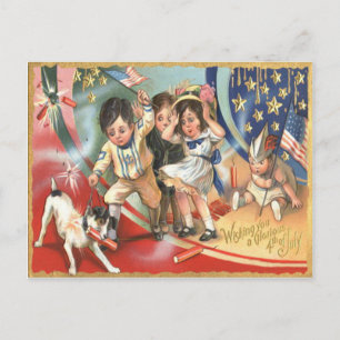 Kinder US-Flagge Hund Feuerwerk Knallkörper Postkarte