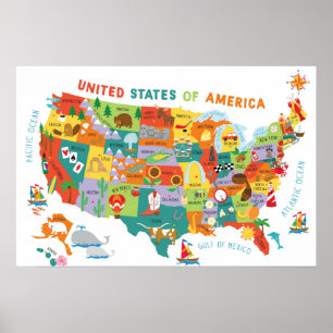 Kinder US Map Whimsical Cartoon Art Vereinte Staat Poster