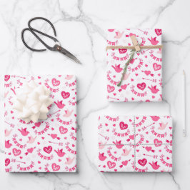Kinder Valentinstag Rosa Vögel Herz Liebe Banner Geschenkpapier Set