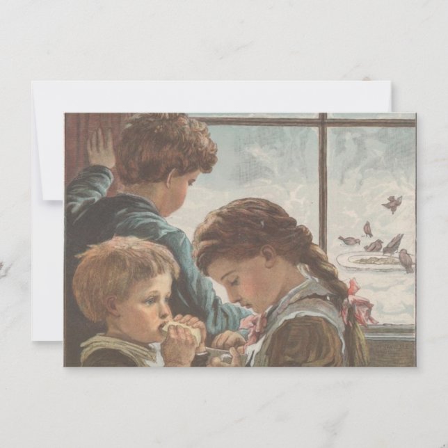 Kinder Vögel Fenster Weihnachtsblank druckbar Feiertagskarte (Vorderseite)
