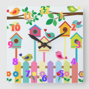 Kinder Vögel Vogelhaus Szene Quadratische Wanduhr