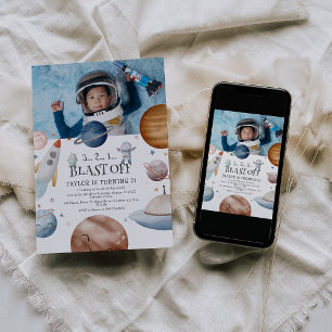 Kinder Wasserfarbe Weltraum Foto Geburtstagsfeier Einladung