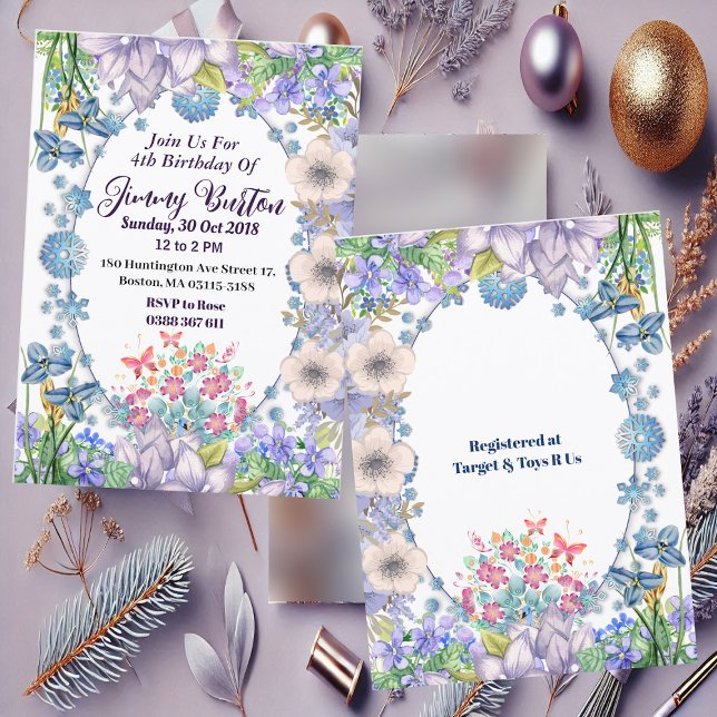 Kinder Weich Pastellblumen Oval Bläserner Geburtst Einladung (Kids Soft Pastel Blue Blooms Oval Floral Birthday Invitation)
