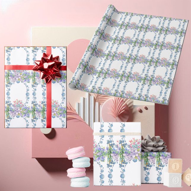 Kinder Weich Pastellblumen Oval Bläserner Geburtst Geschenkpapier (Kids Soft Pastel Blue Blooms Oval Floral Birthday Wrapping Paper)