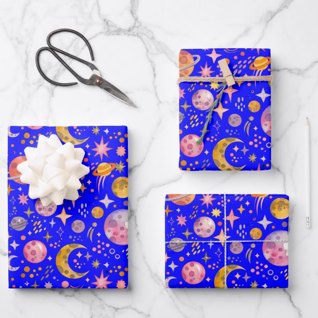 Kinder Weltraum Planet Blau Hintergrund Geschenk Geschenkpapier Set (Vorderseite)