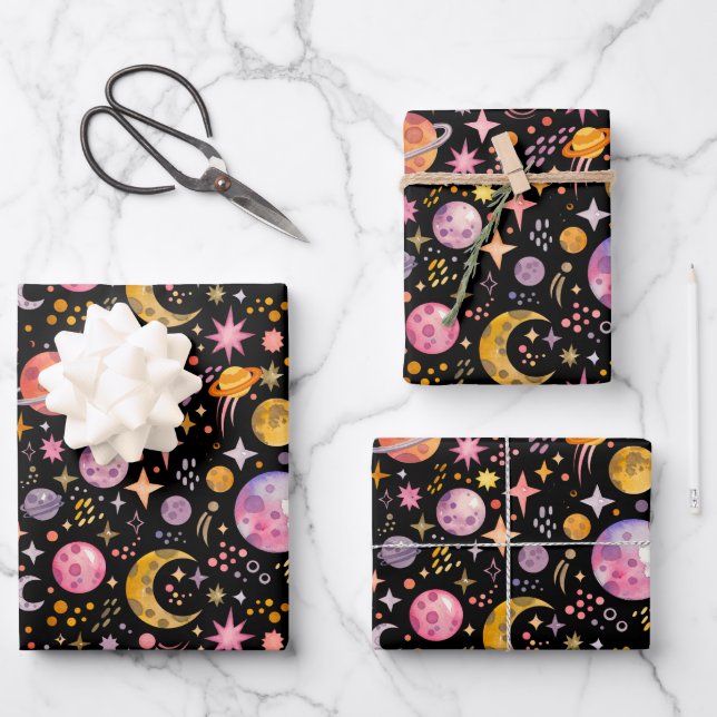 Kinder Weltraum Planet schwarze Farbe Geschenk Geschenkpapier Set (Vorderseite)