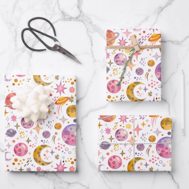 Kinder Weltraum Planet weiße Farbe Geschenk Geschenkpapier Set (Vorderseite)