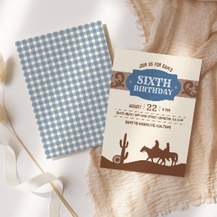 Kinder Western Birthday Blue & Brown Party Einladung