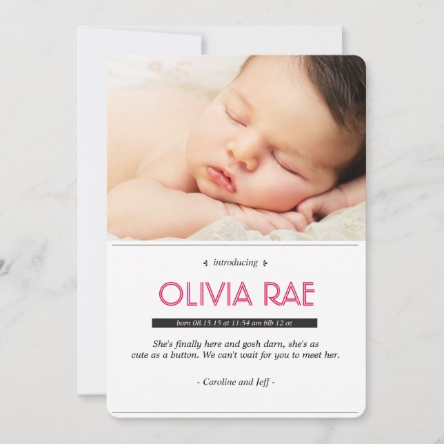 Kinderankündigung in Schwarz, Weiß und Rosa Ankündigung (Vorderseite)