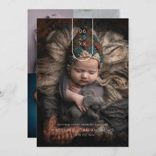 Kinderankündigung Modernes Arch Date Multi-Foto Einladung (Vorne/Hinten)