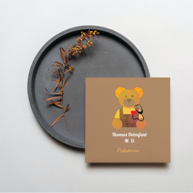 Kinderarzt - orangefarbene Teddy - Stethoskop Quadratische Visitenkarte (Von Creator hochgeladen)