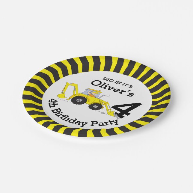 Kinderbau 4. Geburtstag personalisierte Platte Pappteller (Schrägansicht)