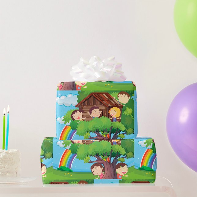Kinderbaumhaus mit Regenbogen und glücklichen Kind Geschenkpapier (Von Creator hochgeladen)