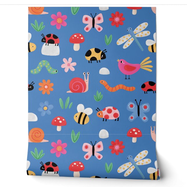 Kinderblaue Insektentapete Tapete (Abrollen)