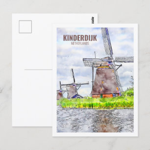 Kinderdijk Niederlande Reise Wasserfarben Skizze Postkarte