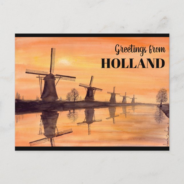 Kinderdijk Windmills Sunset - Aquarellmalerei Postkarte (Vorderseite)