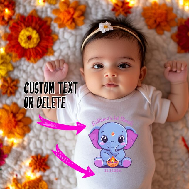 Kinderdiwali mit niedlichem Elefant Baby Strampler (Baby's 1st Diwali with cute elephant Baby Bodysuit with custom text)