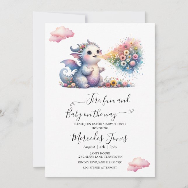 Kinderdrache mit Regenbogen-Blume in Aquarellfarbe Einladung (Vorderseite)