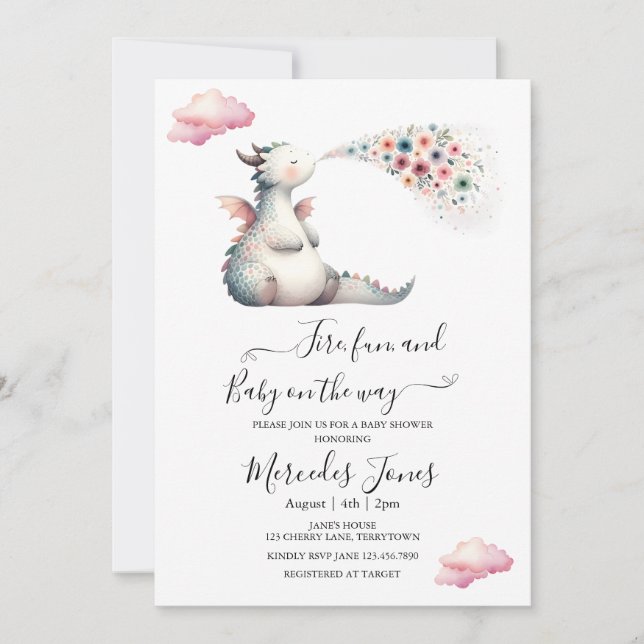 Kinderdrache mit Regenbogen-Blume in Aquarellfarbe Einladung (Vorderseite)