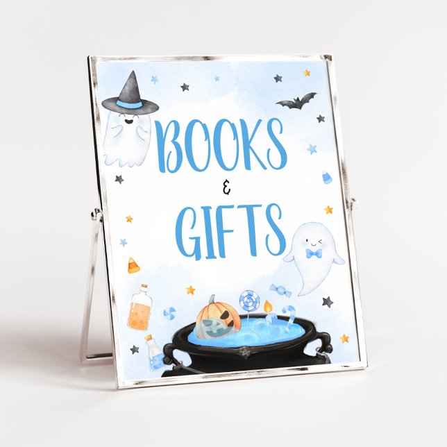 Kinderduschbücher und Geschenke zu Halloween Poster (Blue Oh Sheet Baby Shower Books and Gifts Sign)