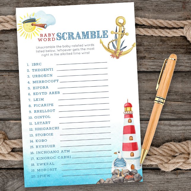 Kinderdusche Baby Word Scramble Game (Baby word scramble game card from my Ahoy it's a boy Nautical Baby Shower collection)