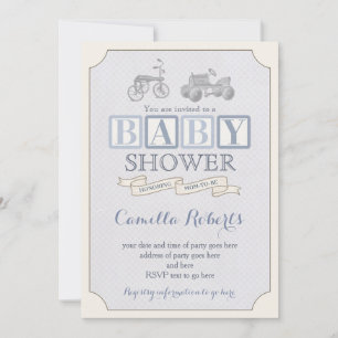 Kinderdusche einladen, Vintages Tretauto Einladung