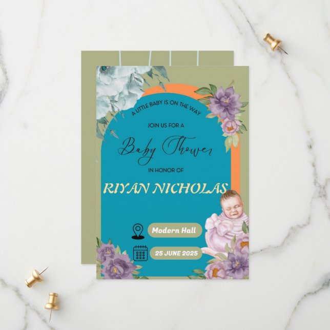 Kinderdusche Einladung für Mädchen oder Jungen (Vorderseite/Rückseite Beispiel)