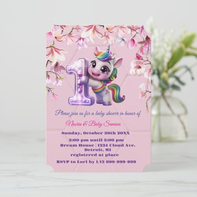 Kinderdusche Einladung mit Einhornthema (Stehend Vorderseite)