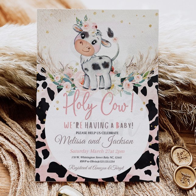 Kinderdusche mit Heiliger Kuh Boho Pampas Einladung (Holy Cow Baby Shower Invitation Cow Boho Pampas)