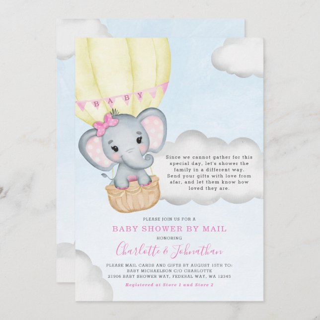 Kinderdusche per Mail rosa Elefant Einladung (Vorne/Hinten)