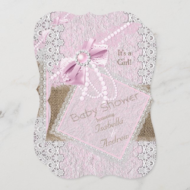Kinderdusche Rustikale Pink Bow Pearl Lace 2 Einladung (Vorne/Hinten)