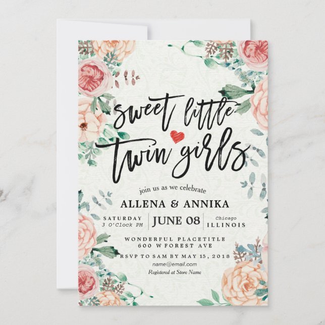 Kinderduscheinladungen Süße kleine Zwillingsmädche Dankeskarte (Vorderseite)