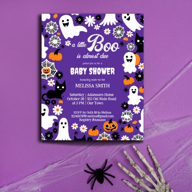 Kinderduschschenschablone zu Halloween (Halloween baby shower budget invitation cute ghosts groovy retro daisies pumpkins purple for a girl)