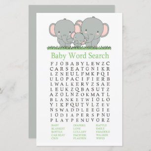 Kinderelefant Baby Dusche Word Search Game