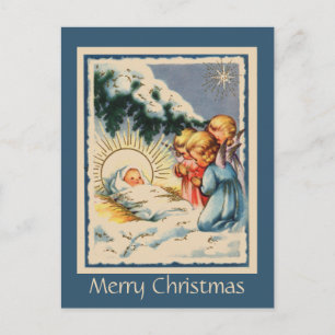 Kinderengel Baby Jesus und schneebedeckte Kiefer Postkarte