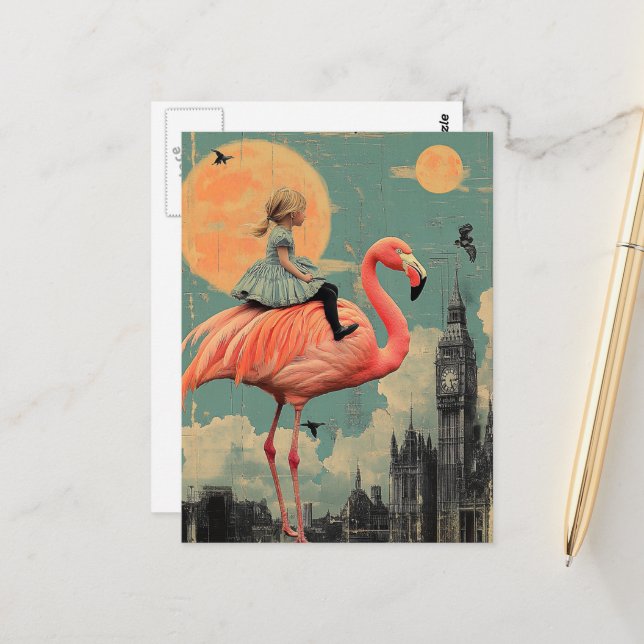 Kinderfahrten auf einem rosa Flamingo Postkarte (Vorderseite/Rückseite Beispiel)