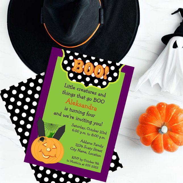 Kinderfeiertag Einladung (Celebrate a Halloween birthday with this cute BOO and pumpkin invitation.)